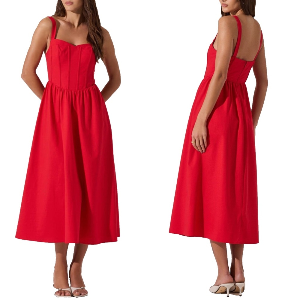 NEW ASTR The Label RED Sweetheart CORSET Linen A-LINE Midi DRESS XS